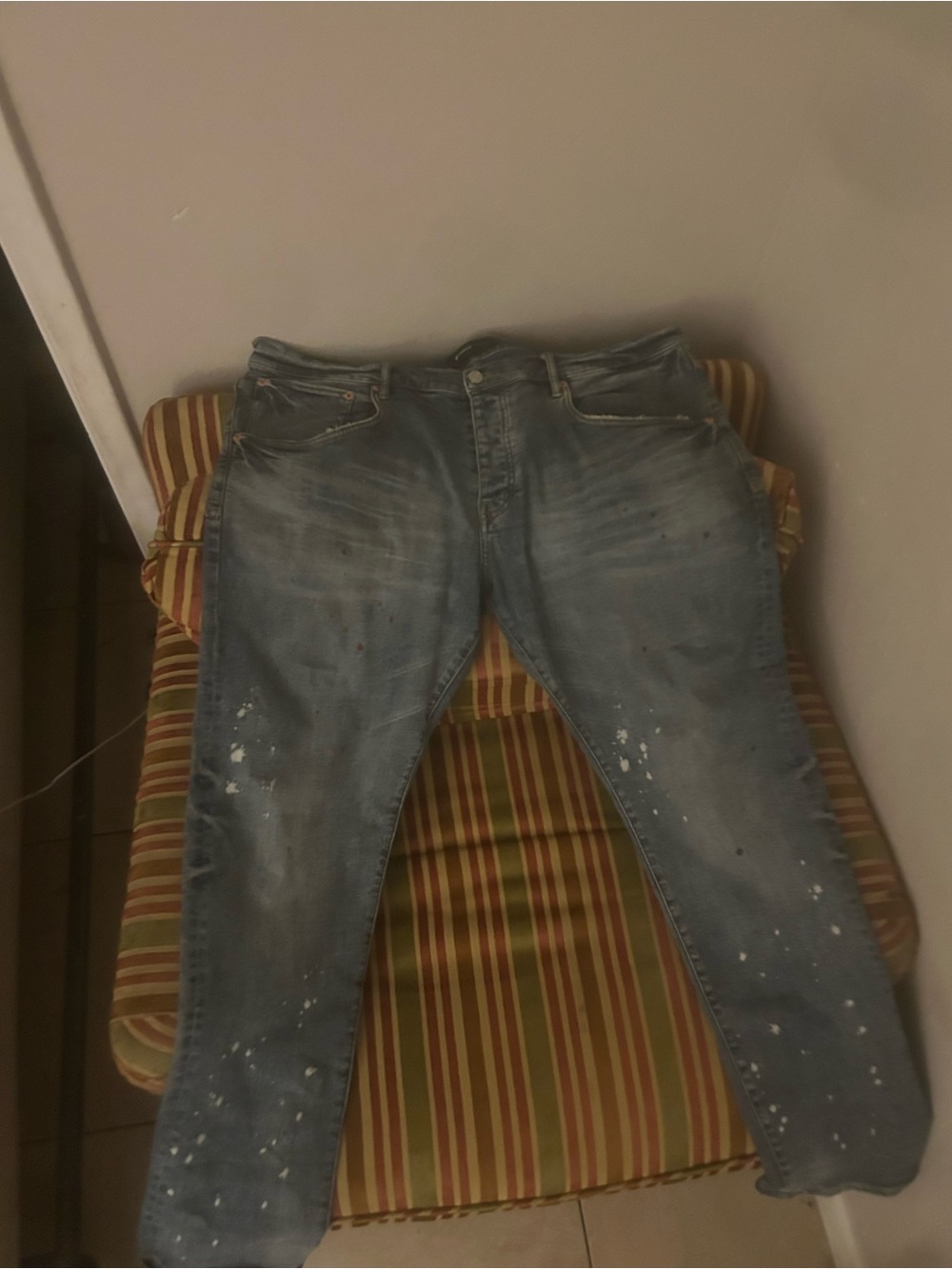 Men's purple brand jeans Washed Blue Paint-Splatter Jeans